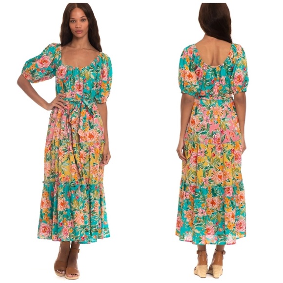 TOLANI Floral Rose Tiered Tie Waist Pink Blue Anna Bermuda Dress Size Small - Picture 2 of 8